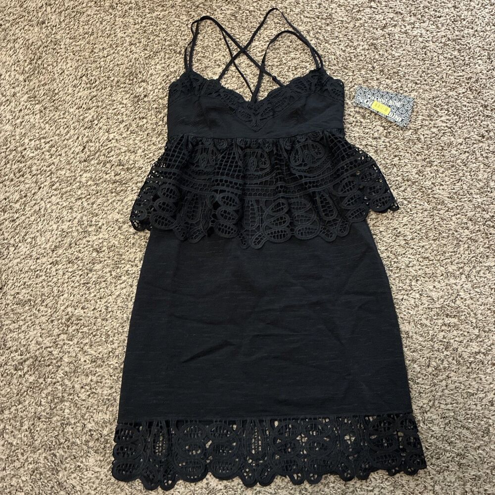 Gianni Bini Monica Black Lace Peplum Strappy Mini Dress Black Size 2, Cocktail